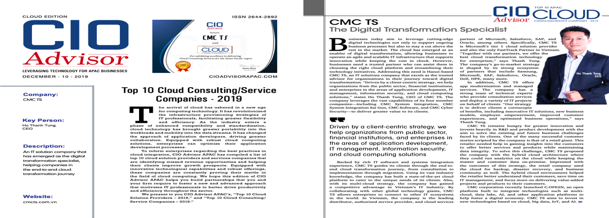 CMC TS được vinh danh Top 10 doanh nghiệp tư vấn và cung cấp dịch vụ điện toán đám mây tại APAC